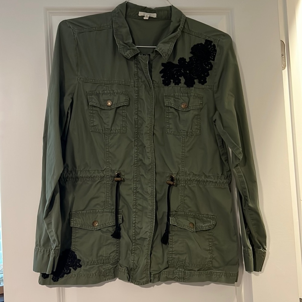 Army Green zip up jacket size Medium with black embroidered flowers